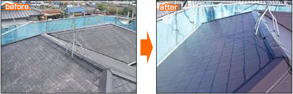 【屋根】経年劣化が進んでいたスレート材屋根を、太陽光発電の設置と同時に塗装しました。